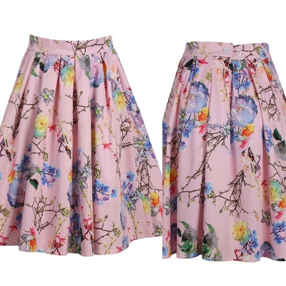 Retro Swing Full Pleated Skirt Asian Floral Pink Blue Med NWT - Picture 2 of 14